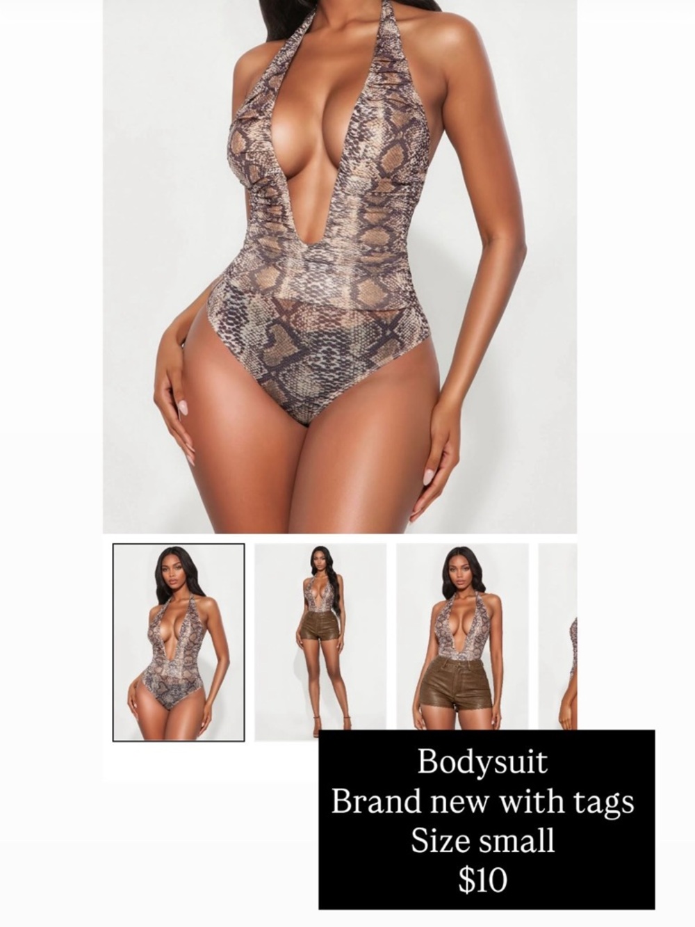 Plunge Neck Snake Print Bodysuit - Brown